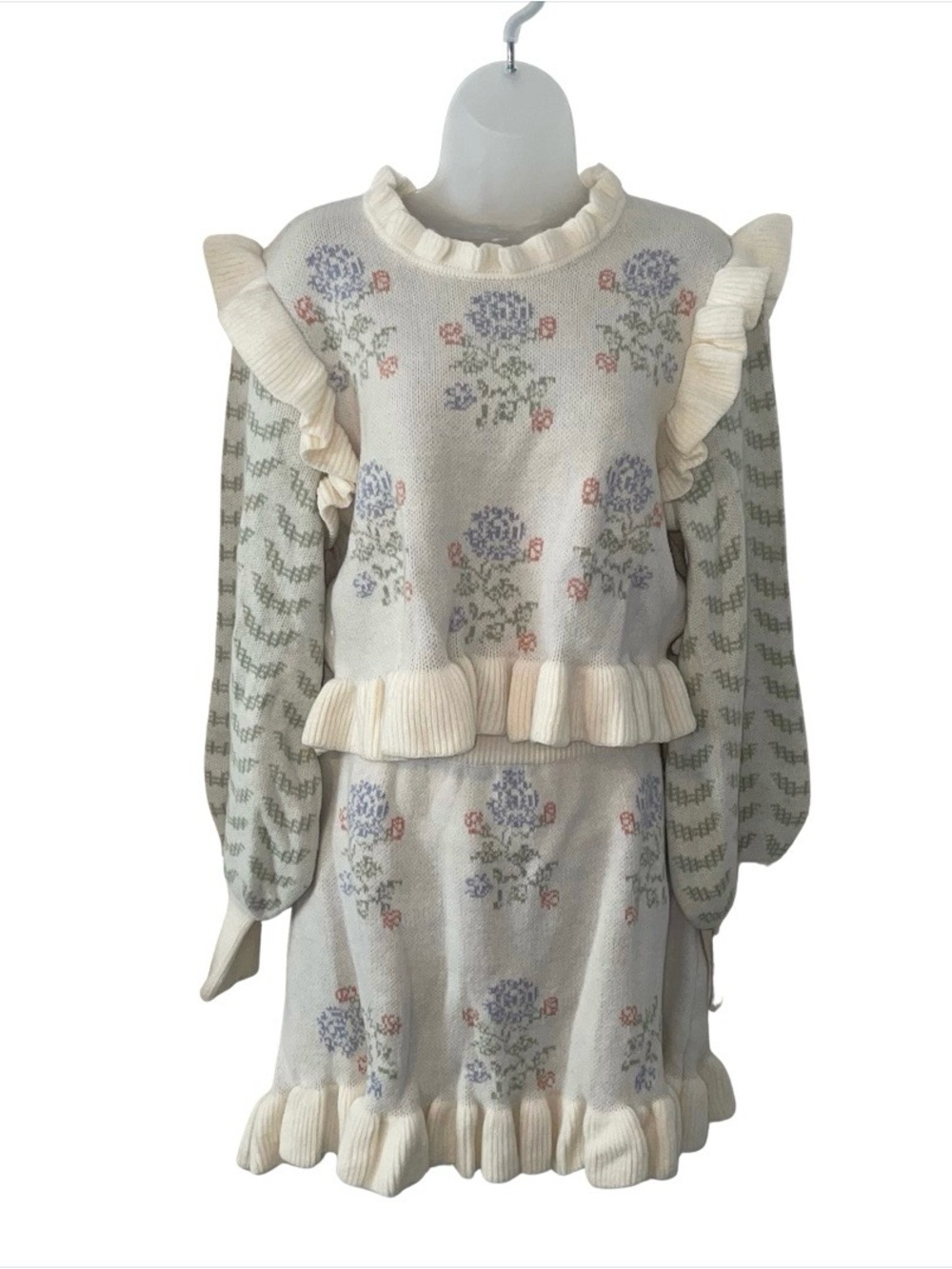 Mable Claire Pastel Floral Knit Ruffle Sweater Skirt Set